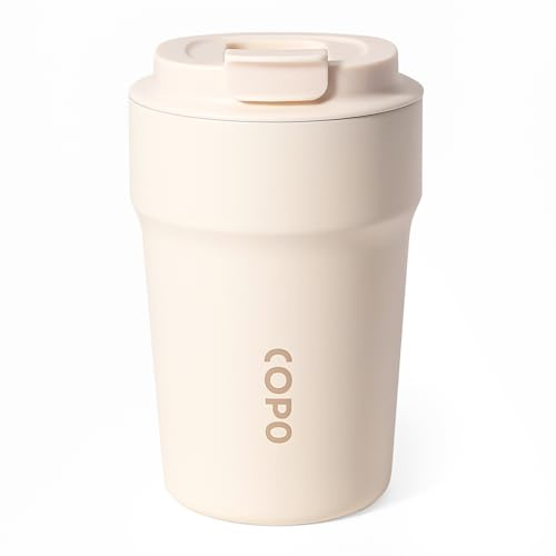 Travel Mug with Ceramic Coating, Insulated Coffee Cup for Hot Drink, Reusable Thermal Cup 380 ml/13oz, Leak Proof Coffee Flask, Stainless Steel Coffee Travel Mug with Lid for Home Office (White)
