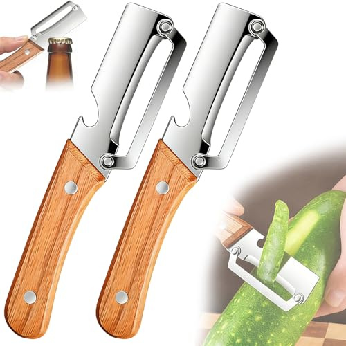 2 Stück Multifunktionaler Gemüseschäler, 2 in 1 Sparschäler Küchen Schäler mit Holzgriff Gemüseschäler und Flaschenöffner für Obst Gemüse und Picknick Langlebiges Schälwerkzeug (2 Stück)