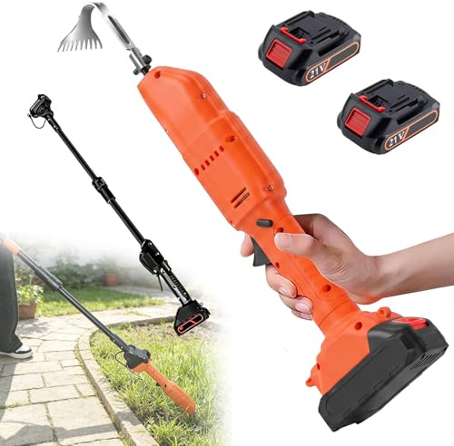 Désherbeur électrique sans Fil, Mini-houe et Perche télescopique avec Rallonge de 56,7cm, Alimenté par Batterie 21 V, 2500RPM, Bineuse Manuelle pour Jardin,Champ de légumes,Serre (2 Batteries)