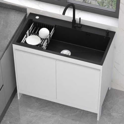 68cm Lavandino da Giardino Autoportante in Acciaio Inox Nero, Lavello da Esterno con Mobiletto in Alluminio Alveolare, Lavatoio con Rubinetto Caldo e Freddo per Garage, Balcone e Camping