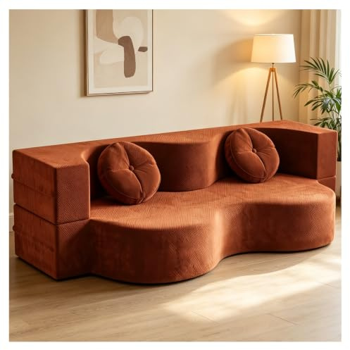 Fällbar golvsoffa | benlös soffa | 2 kuddar | avtagbart vävt tyg | En sekund flip | 150/200 cm | Nedfällbar bas | avtagbara och tvättbara | L-formade armstöd (orange, 150 cm)