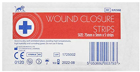 Blue Lion 3mm x 75mm Sterile Wound Closure Skin Stitch Adhesive Wound Strips Sutures - 1 Pack (5 Strips)