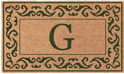 COCO MATS 'N MORE Green Rolling Scrolls Bordered Monogrammed Coco Doormat 38 x 60 with Vinyl Backing