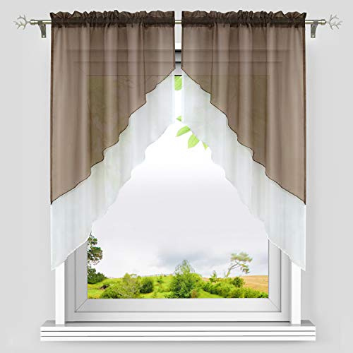 HeichkelL Scheibengardinen Bogen, Braun BxH 90x100 cm (Jedes Stück) | Voile Gardinen Set 2-Teilige, Kleinfenster Vorhang, Tunnelzug Kurzstores, Doppelschichtige Küchengardinen