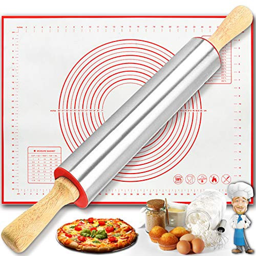 Rolling Pin and Silicone Baking Pastry Mat Set, Smooth Non Stick Stainless Steel Dough Roller, Rolling Pins with Wooden Handle + BBQ Mat for Baking Pizza, Pastries, Pasta, Cookies, Fondant Icing