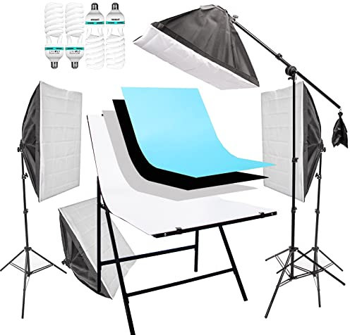 Softbox Kit Eclairage Studio Photo, Table de Prise de Vue 60x100cm,150W Ampoule Softbox 50x70cm Lumière Continue 5500K, Support de Lumière, et Bras Girafe avec Clamp pour Photo Vidéo Produit