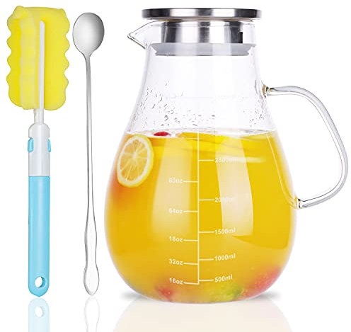 Vekonn Jarra de vidrio, jarra de agua de vidrio con tapa hermética de acero inoxidable, jarra de vidrio de borosilicato resistente al calor de 3 litros, segura para la temperatura