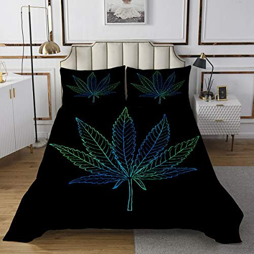 Colcha de Hojas para niñas, niños, Marihuana, Hoja de maleza, Colcha de Hojas de Cannabis Brillante, Juego de edredón Vibrante botánico, Acolchado, de la habitación, 3 Piezas,