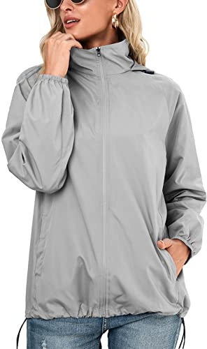 SotRong Giacche impermeabili da donna giacca antipioggia ripiegabile leggera primavera estate giacca ad asciugatura rapida cerniera giacca con cappuccio all'aperto, Grigio, L