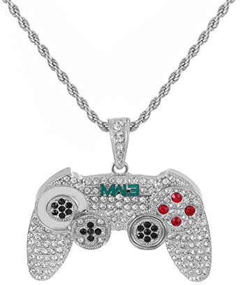 zxcs Hip Hop Game Controller Griff Anhänger Halskette für Frauen Männer Gold Farbe Kristall Strass Schmuck Kette Halsketten-Silver Rope Chain,20inch(50cm)