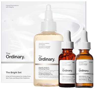 The Ordinary The Bright Set, 3-Step Regimen for Radiant, Even Skin Tone with Glycolic Acid 7% Exfoliating Toner, Alpha Arbutin 2% + HA, and Caffeine Solution 5% + EGCG | Skin Care Set