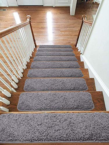 emmahome Soft Shaggy Carpet Stair Treads/Mats/Rugs NON-SLIP MACHINE WASHABLE, 30mm Thickness, 20x55cm (15pc in Box, Grey)