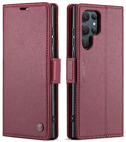 QLTYPRI Hülle für Samsung Galaxy S22 Ultra Handyhülle mit RFID Schutzhülle, Vintage Leder Hülle mit Kartenfach Ständer PU Ledertasche Stoßfeste Flip Wallet Case für Samsung S22 Ultra - Weinrot