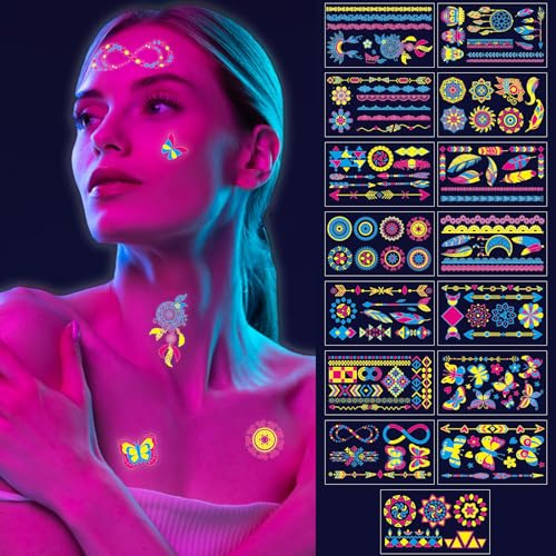 ZYNERY 15 Grands Feuilles Néon Tatouages Temporaires, Tatouages Néon Imperméables, Lueur UV Tatouages Éphémères, Faux Tatouage Fluo pour Body Art/Fête Fluorescente/Bar/Carnaval (150+ Designs)
