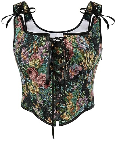 SCARLET DARKNESS Women's Floral Corset Top Cottagecore Vest Overbust Bustier Lace-up Vintage Medieval Renaissance Corsets