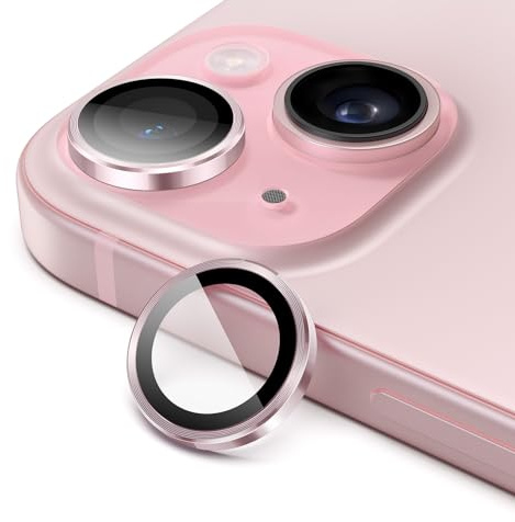 JETech Pellicola Protettiva Fotocamera per iPhone 15/15 Plus, Rosa, 1 Set | Protezione Fotocamera, Vetro Temperato 9H, Cover Anello Metallico Singolo, HD Trasparente