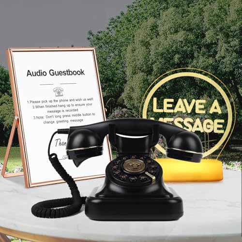 QUOXO Audio Guest Book Phone Antique Retro Style Audio Guest Book Phone with Free LED Wedding Sign and Vertical A5 Photo Frame (Black)