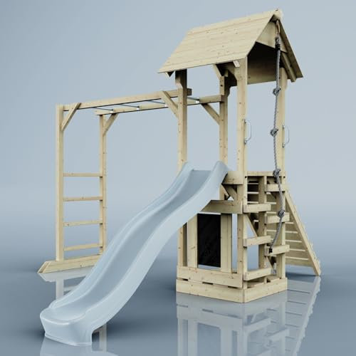 Rebo Klettergerüst aus Holz mit Wellenrutsche | Outdoor Spielturm mit Hangelstangen, Plattform und Kletterseil