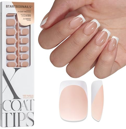 BTArtbox XCOATTIPS White French Tip Press On Nails, S Square, Nude | Lampenhärtend, 4 Wochen Haltbarkeit, Nageldesign in Salonqualität, Einfach Anzubringen für Anfänger, Nur 160pcs Nagelspitzen