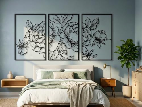 VAILLA Blumen Wanddeko Holz 3D – Wandbild 3er Set Wohnzimmer Schlafzimmer | MDF Sperrholz, Lasergeschnitten, Botanik Blüten, 5 Größen, Schwarz Grau Gold, personalisierbar, Esszimmer Küche Eingang Flur