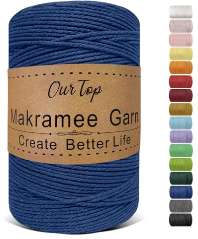 OurTop Premium makramégarn havsblå, 2 mm x 500 m, makramésnöre, makramérep, garn för gör-det-själv-hantverk, vävning, dekoration, hängande växt växt hängare