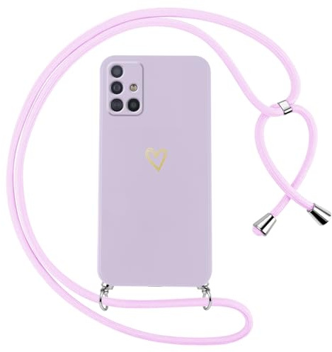Oelrstfe Handyband für Samsung Galaxy A51 4G Hülle mit Band Herz Motiv Handyhülle für zum Umhängen Silikon Stoßfest Ultra Dünn Weich Schutzhülle mit Kordel Necklace Kette Love Muster Case,Lila