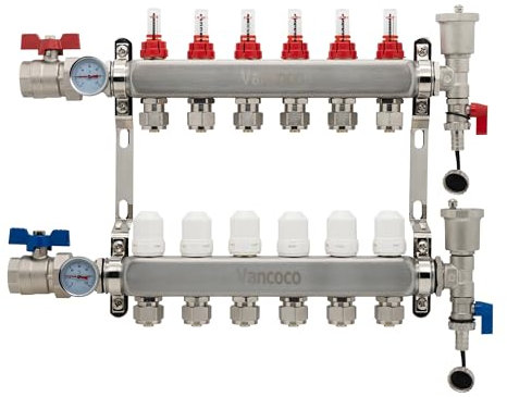 Vancoco Set collettore a 6 porte in acciaio inox, raccordi Euro Conus da 3/4 (16 × 2 mm), con misuratore di flusso, sfiato automatico e valvole a sfera da 1, kit completo per riscaldamento a