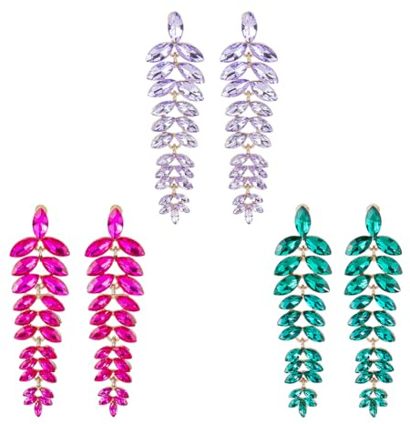 SUPERFINDINGS 3 Orecchini Pendenti A Forma di Lampadario di Cristallo, Foglia con Strass, Da Sposa, Viola, Smeraldo e Fucsia