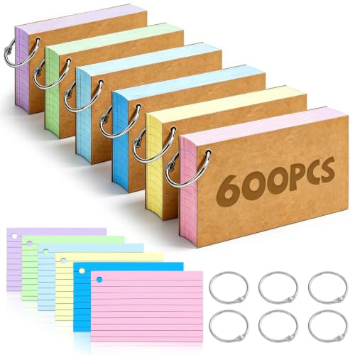 Flash Cards 600 PCS Revision Cards Kraft Paper Notecards 5 * 3 Inch Multicolor Lined Flshcards with 6 Metal Binder Ring for Office Home School Learning Record