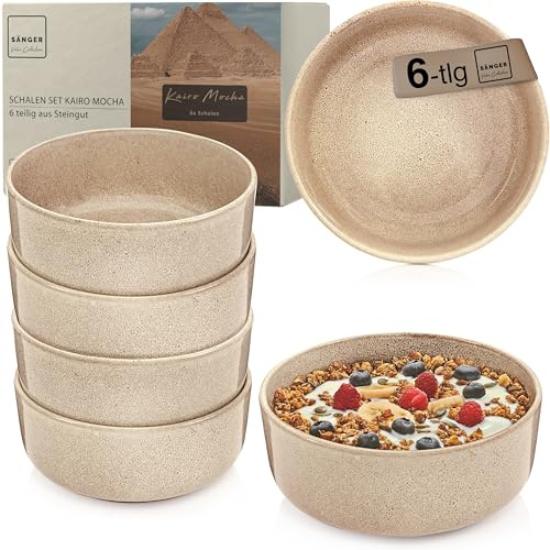 SÄNGER Kairo Mocha | Steingut Schüssel Set 6 teilig, Müslischalen für 6 Personen, kratz- mikrowellen- spülmaschinenfest, Kleine Schüsseln Tiefe Teller Beige Schalen 800 ml VALUE COLLECTION