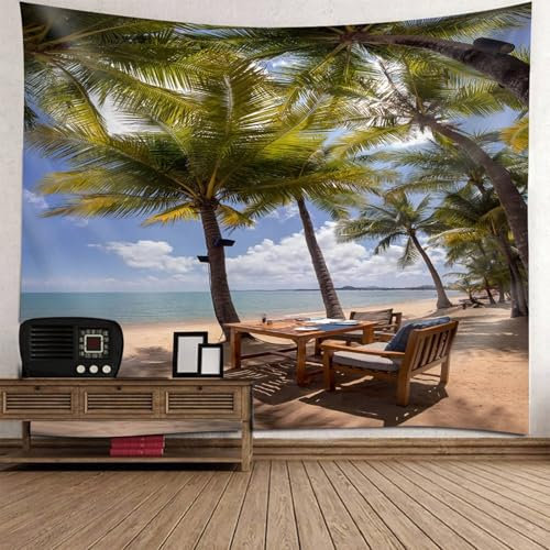 Musihy Strand Wandbehang Wandteppich | Polyester Liegestuhl Kokosnussbaum Strand Meer Wandteppich Wandkunst für Schlafzimmer Wohnzimmer Dorm Decor Wandteppich | Grün Blau Braun, 150x150cm
