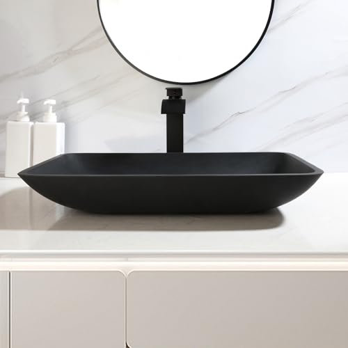 KECTIAKL 55,9 cm großes Badezimmer-Glasgefäß-Waschbecken mit Wasserfall-Wasserhahn und Pop-Up-Ablauf-Kombination, schwarze, rechteckige Spüle über der Theke, gehärtetes Glas, Waschbecken