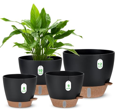 12 10 9 8 Self Watering Pots with Water Level Indicator, Large Plastic Planters Set with Mesh Drainage Hole and Removable Saucer Reservoir, Big Flower Pot for Indoor Outdoor Plants (Black)