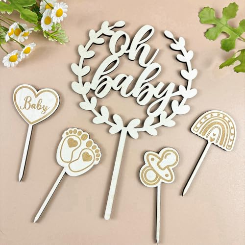 Babyparty Deko, Oh Baby Cake Topper Holz, Kuchen Topper Babyparty Tortendeko Babyshowerparty, Cupcake Deko für Baby Shower,Gender Reveal PartyDeko