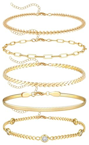Dochais 5 st guldarmband för kvinnor, 18K guldpläterade staplingsarmband, rep, kubansk figaro, fiskbenspärla, kedja, armband, justerbar, CZ-länk, guldarmband, set för kvinnor flickor