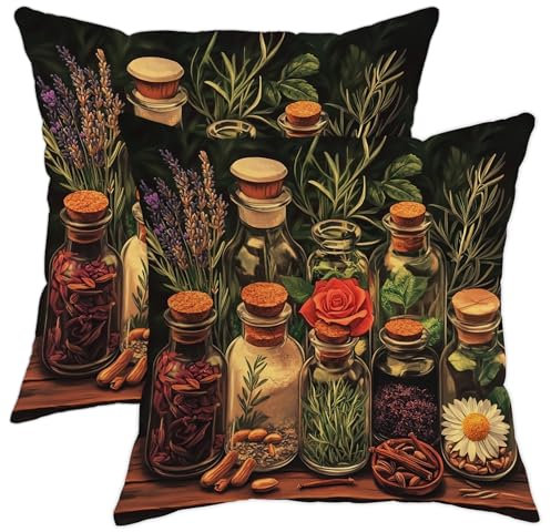 Herbal Apothecary Throw Pillow Covers Set of 2, Colorful Glass Bottles Decorative Cushions, Rustic Farmhouse Style for Home Sofa Bed Couch, Perfect for Spring 24x24 Inch