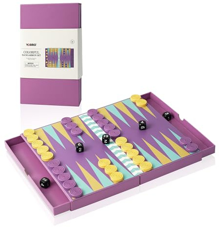 YOBRO Colorful Backgammon Set, Folding Board with Drawer Storage, Portable Travel Backgammon Set, Unique Colorful Wooden Pieces, Ideal Gift for Board Game Enthusiasts & Family Game Nights