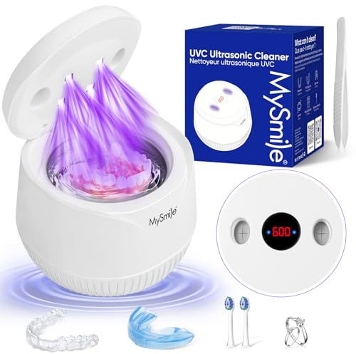 MySmile Limpiador ultrasónico de retención - Máquina limpiadora de dentaduras postizas de 45 kHz con capacidad de 200ml para alineador, protector bucal (blanco)