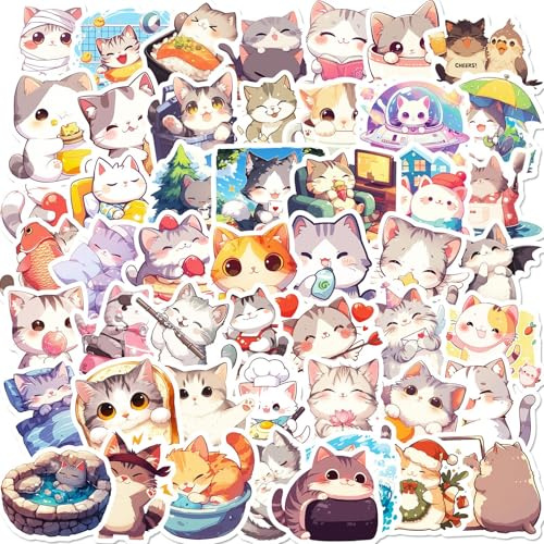 Lilalemon 50 Pcs Cartoon Rainbow Cat Stickers for Teens, Girls, Kids and Women,Cute Aesthetic Waterproof Vinyl for Water Bottle, Laptop, Phone, Skateboard