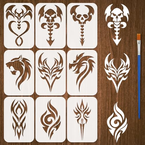 FINGERINSPIRE 9 Stück Tattoo Musterschablone Zum Malen Mit Pinsel 12x18cm Große Vorlage Aus Kunststoff Mit Totenkopf Muster Schablone Mit Tiersilhouette Ausgehöhlte Vorlage Für Tägliche Themen