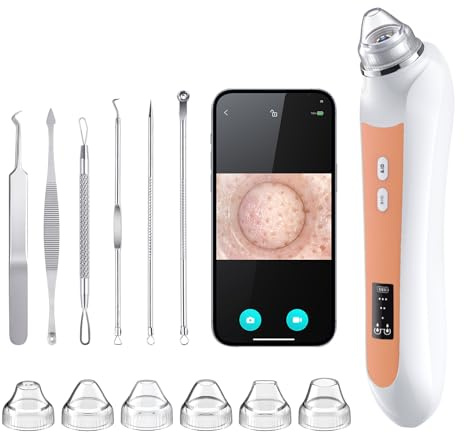 Facial Pore Blackhead Remover Vacuum, 1080P Camera Blackhead Remover, 20x Zoom, 8 LEDs ＆ 3 Suction Modes, 800mAh Battery & USB - 6 Heads Pore Cleaner Kit for Women&Men(Orange)