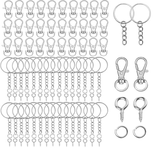 200-teiliges Schlüsselanhänger Bastelset, 50 Schlüsselringe mit Kette, 50 Karabiner, 50 Spaltringe, 50 Schraubösen, Silber
