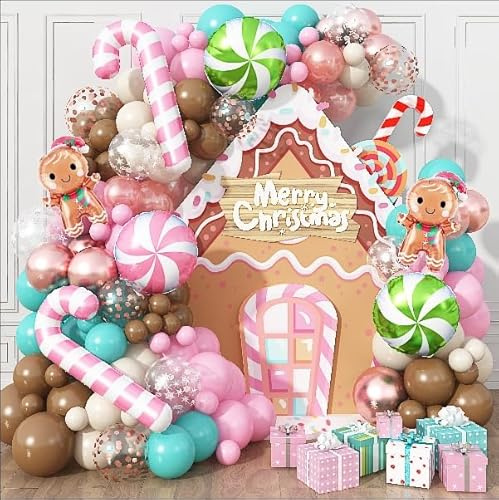 Kit d'arche de ballons de Noël roses, 117 pièces décorations de Noël, guirlande de ballons, ballons en latex rose clair, marron, bleu sarcelle et blanc, ballons en aluminium pour le Nouvel An, les