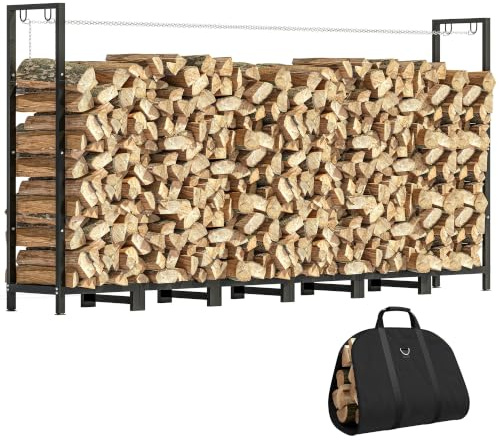 Outsunny Legnaia da Esterno in Acciaio, Portalegna da Esterno con Borsa Portalegna da Trasporto, Struttura Regolabile e Catene in Metallo, Porta Legna Rialzato, 0.8m³, 235x31x116 cm, Nero