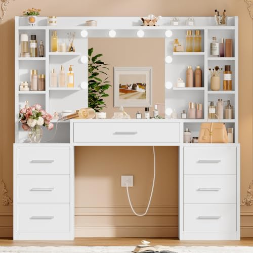 TEENFON Grande Coiffeuse, Coiffeuse avec Miroir et Prise, Éclairage LED, 3 Couleurs, Luminosité Réglable, Blanc, 7 Tiroirs, 8 Étageres, Moderne