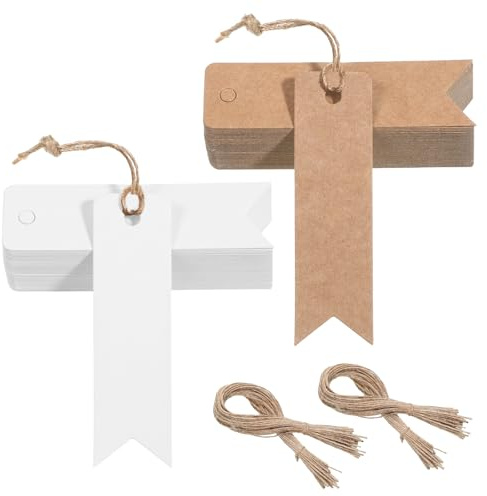 Thinp Small Gift Tags with String, 100 Pcs Mini 7x2cm Blank Paper Gift Tags-White & Brown Gifts Labels Decorative Price Tags for Presents DIY Crafts & Wedding (Brown, White)