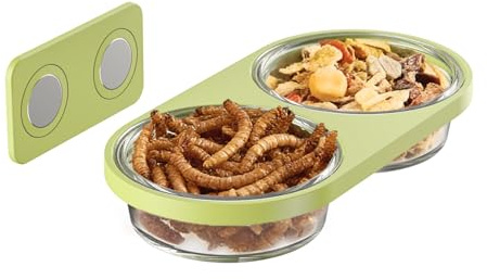 Magnetic Reptile Feeding Ledge with 2 Pack Plastic Bowls Food Feeder Water Dish for Crested Gecko Dwarf Hamster (Green, Magnetic-Mounted)