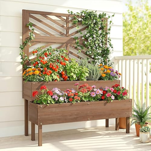 Yaheetech 2-Tier Solid Fir Wood Raised Garden Bed with Trellis for Climbing Plants, Self-Draining Planter with Drainage Holes for Garden, Porch, Balcony, Lawn, Patio Dark Brown