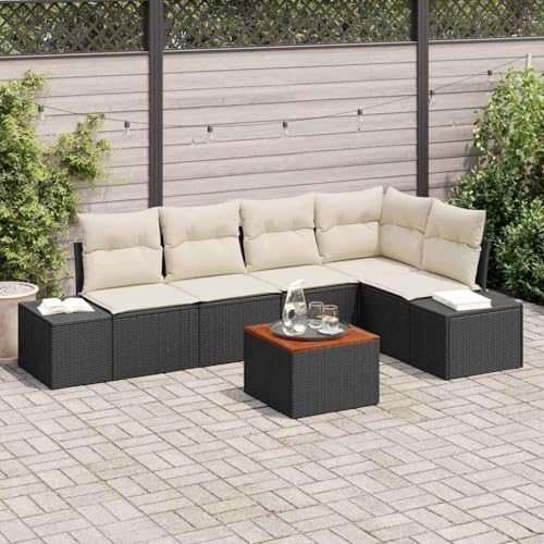 Set di 6 divani modulari da giardino in polyrattan nero crema con legno massiccio di acacia e cuscini in schiuma, ideale per patio e terrazza.
