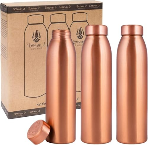 NORMAN JR. Set regalo di 3 bottiglie d'acqua in rame puro (1 litro), set di bottiglie in rame secondo i principi dell'Ayurveda, per uomo e donna. Ideale per la Festa del Papà e la Festa della Mamma.